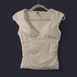 Women's Cream Lace Trim V-Neck Blouse